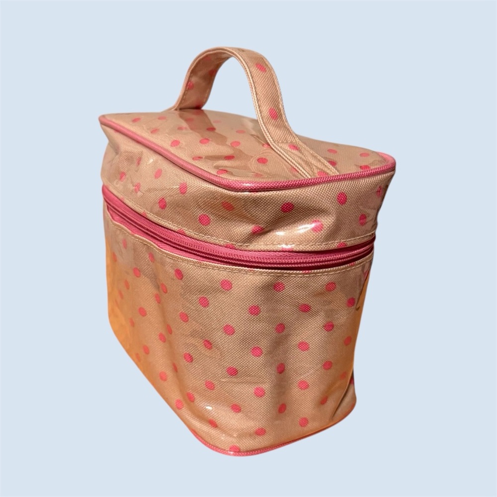 Estee Lauder Beige & Pink Polka Dot Zippered Cosmetic Bag Travel/Train Case - Picture 2 of 7